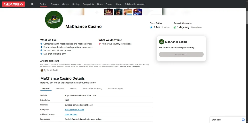 la fiche AskGamblers indiquant MaChance Casino comme terminé